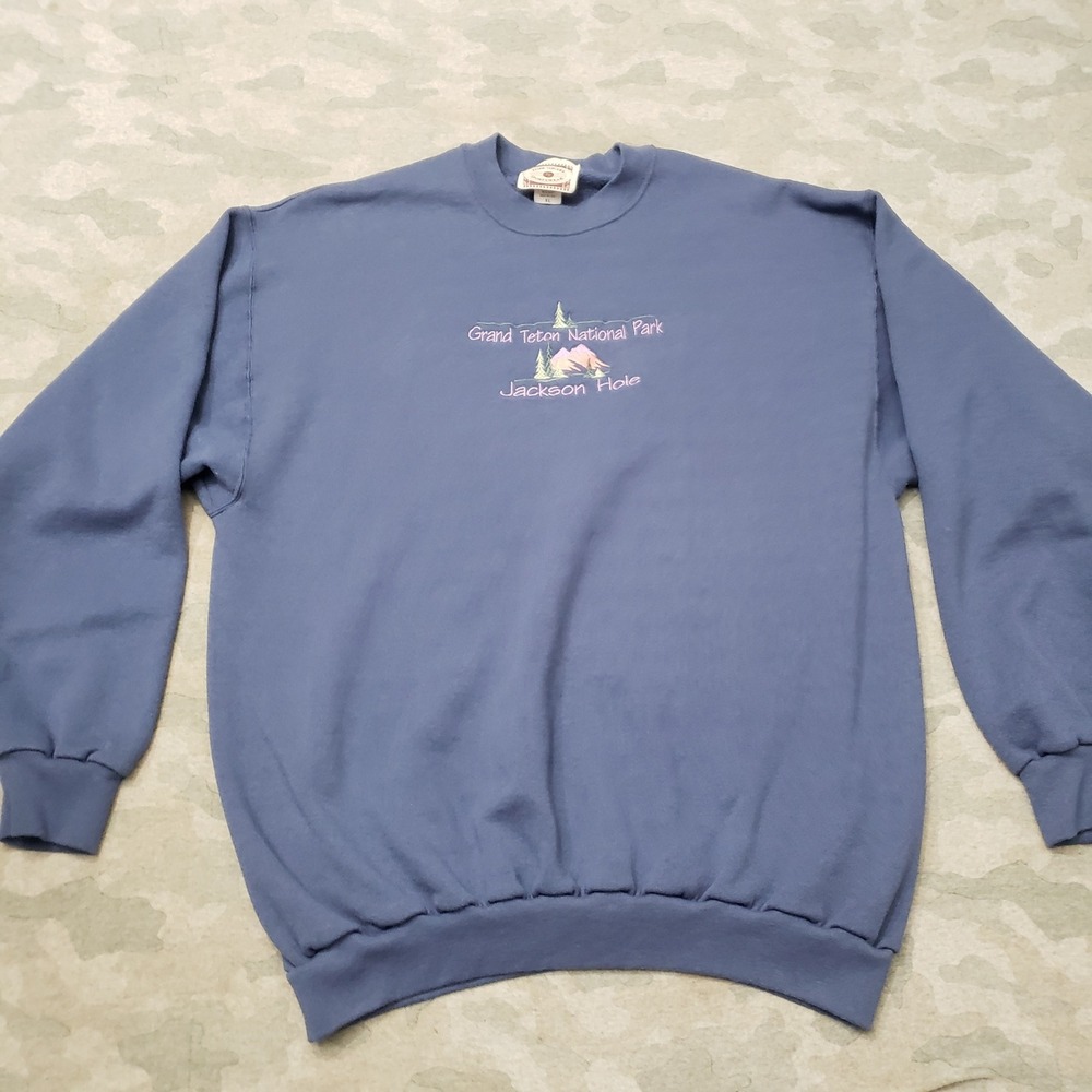 Vintage Grand Teton National Park Sweatshirt Men XL Blue Long Sleeve Embroidered